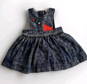 Vintage 90's Baby Girl Denim Pinafore Dress Size 0 Pinny Style Retro Colourblock - Picture 1 of 6