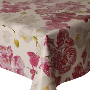 PVC TABLE CLOTH ORCHID PINK OFF WHITE FLORAL BULB LEAF GREEN ORIENTAL WIPE CLEAN - Picture 1 of 1