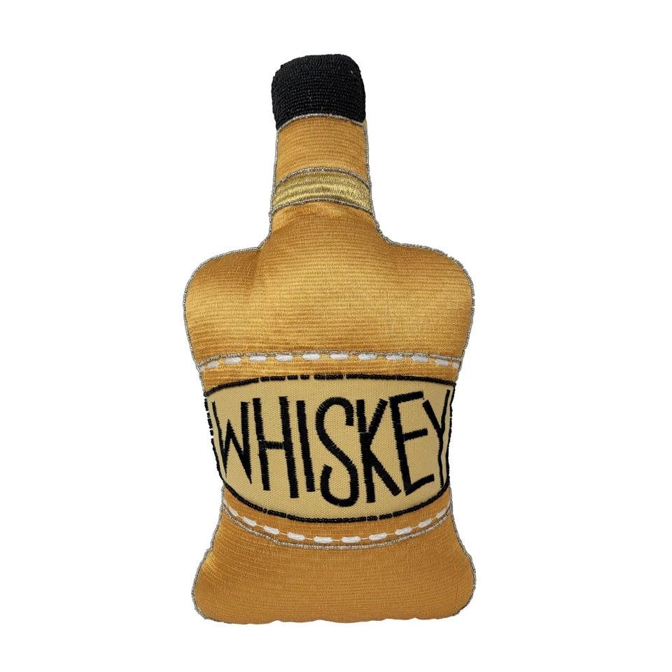 Beaded Gold Whiskey Bottle Pillow Embroidered 15 in Gift Throw Cushion Liquor - Image 1 of 4