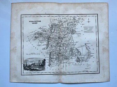 1843 antique county map of Worcestershire inset Worcester Cathedral engraving - Image 1 of 4