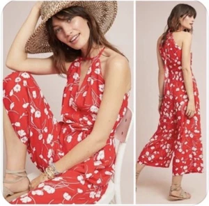 Moulinette Soeurs Jumpsuit rot weiß Blumen S Anthropologie weites Bein Boho Neckholder - Bild 1 von 13
