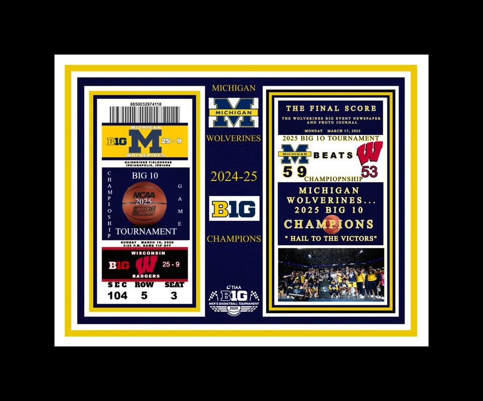 MICHIGAN WOLVERINES 2025 TOURNEY CHAMPS ENMARAÑADO SOLO COLLAGE FOTO TIX @ PAPEL #2 Foto 1 de 1