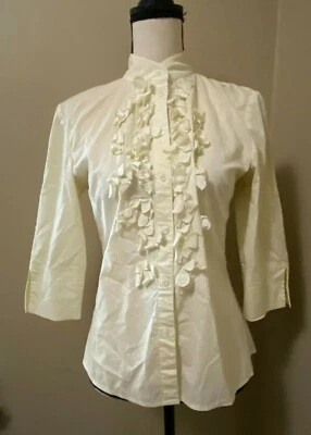 Blusa Top Ideology Mujer Talla 4 Amarillo Rayas Botón Volantes Frontales Manga 3/4 Foto 1 de 4