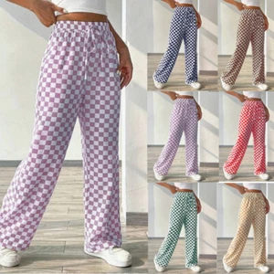 Women Lace Up Trousers Bottoms Ladies Elastic Waist Pants Plaid Joggers UK Sell - Picture 1 of 15