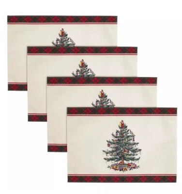 Spode Christmas Tree Tartan Set 4 Placemats 13x19 Easy Care New In Package - Image 1 of 4