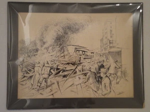 VERNON HOWE BAILEY - Original Drawing - Boston Fire Scene with Back Bay Trolley - Picture 1 of 1