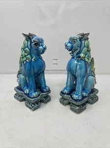 Par de leones Fu chinos Foo Dog Guardianes 7 1/2" estatua azul porcelana vintage rara - Imagen 1 de 7