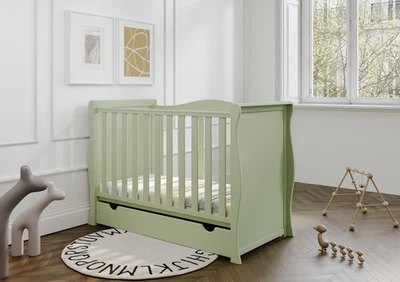 Baby Willow Pistachio Sleigh Cot Mini Cot Bed Drawer optional mattress 120x60x10 - Image 1 of 4