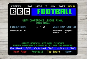 Ceefax Metal Sign, West Ham v Fiorentina 2-1, Classic Football Match Sign, 2023 - Picture 1 of 1