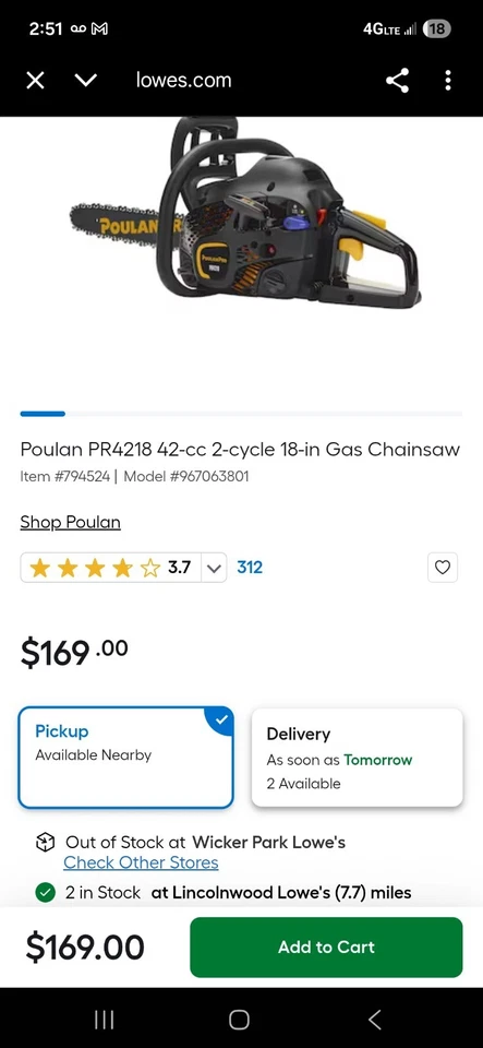 Poulan Pro 42cc 2-Cycle 18-in Gas Chainsaw PP4218A - Image 1 of 2