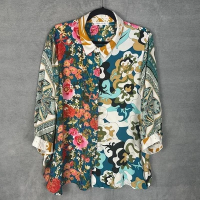 Top rosa oliva para mujer 2X crema floral manga 3/4 con botones ligero Foto 1 de 4