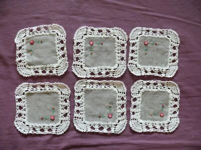 Beau napperon vintage brodé 6 napperons en lin 13 cm/13 cm (5 x 5") P1754 - Photo 1/4