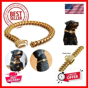 Gold Cuban Chain Dog Collar Solid Stainless Steel Link Chain Thick Pet Collar... - Picture 1 of 10