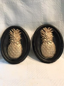 Pineapple Mid Century Plaster Molded Heavy Sign Plaque 3D 9x7 SET OF 2 - Picture 1 of 9