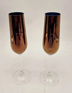 Set Of Two Pier 1 Copper Cobalt Blue Inside Clear Stem Flute Glasses Stunning - Picture 1 of 9