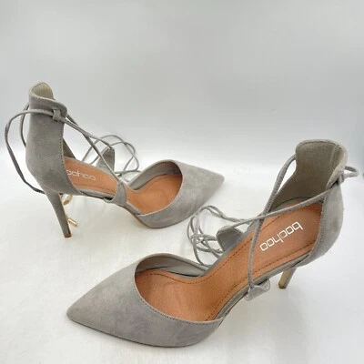BOOHOO GRIS GAMUZA TACONES ALTOS TACONES DE AGUJA PIERNA LAZO CORDONES PUNTA Y2K Talla UK 8 Foto 1 de 4