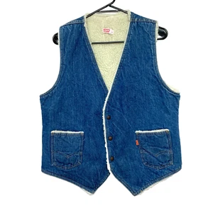 Vintage 70s Levi's Denim Jean Sherpa Vest Large Orange Tab Western Rockabilly - Picture 1 of 10