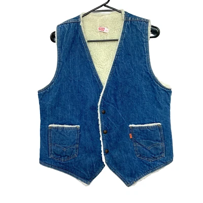 Vintage 70s Levi's Denim Jean Sherpa Vest Large Orange Tab Western Rockabilly - Image 1 of 4