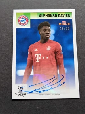2021 Topps Merlin Heritage 95 Blue Refractor Auto Alphonso Davies /50 - Image 1 of 4