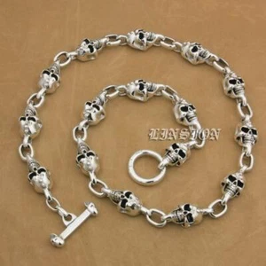 Collar de eslabones de calaveras de plata esterlina 925 hecho a mano joyería punk de motociclista 9N022ND - Imagen 1 de 24