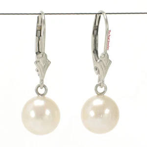 14K White Gold Cream White Pearl Leverback Earrings (8–8.5mm) - Picture 1 of 2