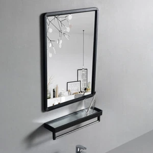 Bathroom Mirror Black Rectangular Wall Mounted Metal Frame w/ Cosmetics Shelf - Picture 1 of 15