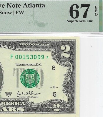 2003A $2 ATLANTA *STAR* ⭐️ FRN PMG Superb Gem Uncirculated 67 EPQ. SCARCE Series - Image 1 of 3