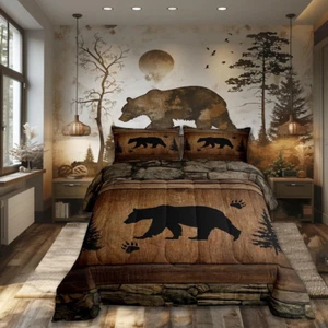Rustic Bear Comforter Set Queen Size, Wildlife Hunting Theme Quilt Set with 2 Pi - Picture 1 of 7