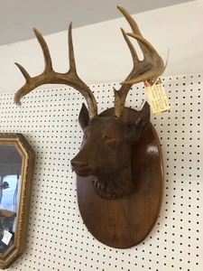 RARE! Life Size Handcarved Deer Head Mount w/ Antlers Wall Hanging~Germany -WN54 - Picture 1 of 4