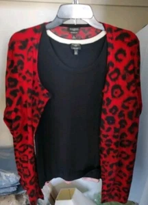 Talbots Women’s Sweater Set 2 Piece Red/Black Floral Sz 1X Pure Merino Wool New - Picture 1 of 5