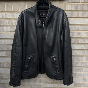 Vintage 90s Guess Mens Classic Black Leather Moto Biker Jacket Size 2XL Embossed - Bild 1 von 24