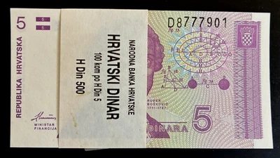 CROATIA 5 DINAR P-17 1991 BUNDLE BRICK 1,000 Pcs Lot UNC CATHEDRAL Pre Euro NOTE - Image 1 of 4