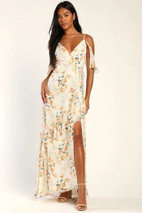 Lulus Shadow Blooms cremefarben Blumendruck Rüschen langes Maxikleid Damen Large - Bild 1 von 8