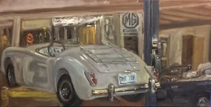 1959 MGA Up On The Rack Original Oil Painting - Picture 1 of 1