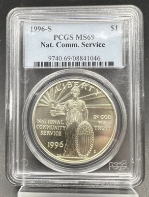 1996 S Community Service 90% Silver Commemorative Dollar PCGS MS69 GEM BU - Image 1 of 4
