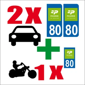 LOT 3 STICKERS 2 x AUTO+1 x MOTO STYLE PLAQUE PICARDIE VERT SOMME 80 - Picture 1 of 1