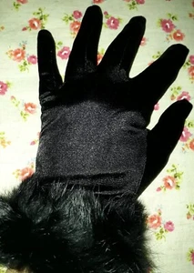 Retro Black Stretch Nylon Gloves with Fur Trim - Dents - One Size - Picture 1 of 14