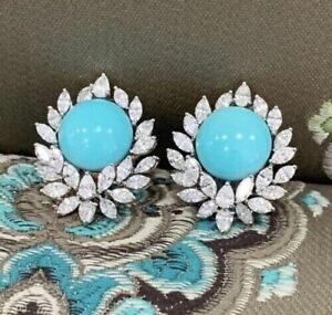 25.60Ct Round Cut Sleeping Beauty Turquoise Stud Earrings 925 Silver Gold Plated