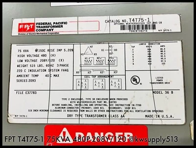 75 KVA 480P-208Y/120 3P Interior Tipo Seco Clase AA ~ FPT T4T75-1 75KVA ~ Probado Foto 1 de 4