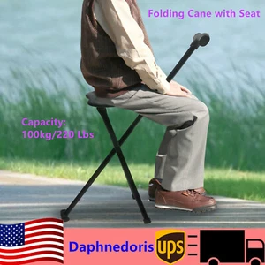 Portable Travel Hiking Chair Stool Tripod Folding Walking Stick with Seat Cane - Picture 1 of 19