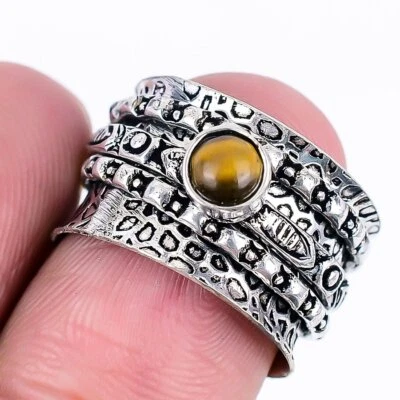 Anel giratório feito à mão Tiger Eye folheado a prata 925 tamanho 6,5 EUA - Imagem 1 de 3