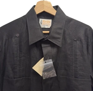 Ramon Puig NEW Men's XL Button Front Guayabera 4 Pocket Black Cuban Linen Shirt - Picture 1 of 6