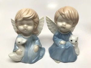 Vintage KOLONIALKERZE von CAPE COD 2 KIND ENGEL FIGUREN mit KATZE & ENTE - BLAU RARITÄT - Bild 1 von 5