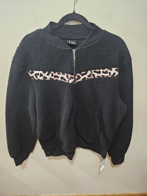 Zyia Active Black Leopard Flying V Fleece Jacket Cozy Teddy Zip Sweatshirt Large - Image 1 of 4