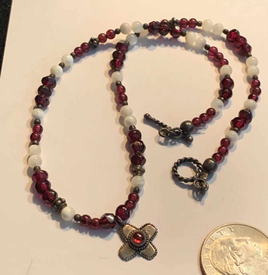 Collar de Colección Plata Esterlina Ameythist Bead MOP Martillado Cruz Cabujón 925 Foto 1 de 4