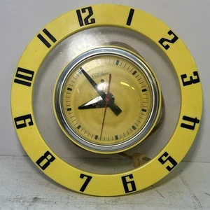 Vintage Telechron Wanduhr gelb. Modell 2HC39 MCM Saturn fliegende Untertasse FUNKTIONIERT - Bild 1 von 2