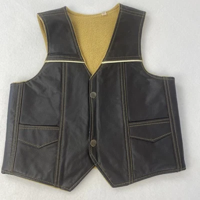 Chaleco de cuero lino para niño talla 10 marrón cierre a presión forro polar bolsillos motociclista Foto 1 de 4