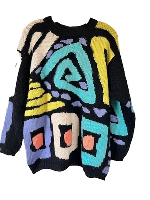 Esprit Sweater Size S 1980s Vtg Abstract Black Teal Yellow Blue 100% Wool - Image 1 of 4