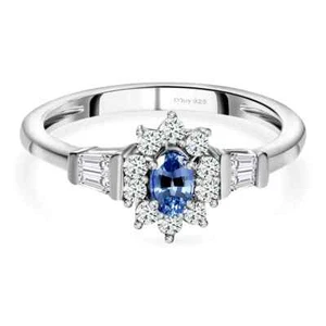 Ceylon Blue Sapphire & White Zircon Sunburst Ring in Platinum Over Sterling Si - Bild 1 von 4