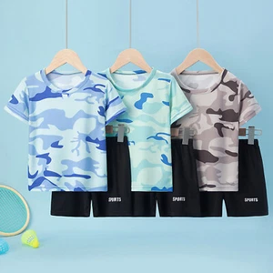 Kids Boys Set Sports Outfit Camouflage Print Suit Tracksuit Summer Workout - Picture 1 of 25